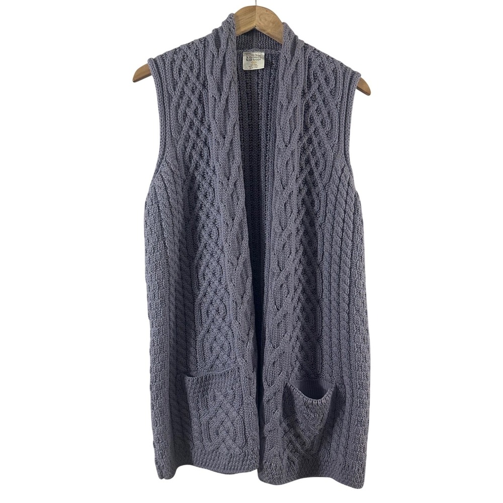 Kilronan Knitwear Merino Wool Cable Knit Vest Made in‎ Ireland Lavender Grey XL